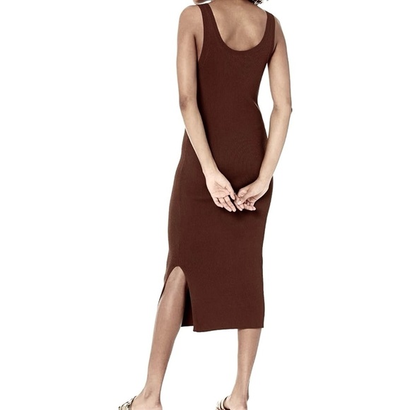 NWT The Drop Yasmine Side Slit Ribbed Scoop Neck Solid Brown Midi Dress Pullover - Picture 2 of 9